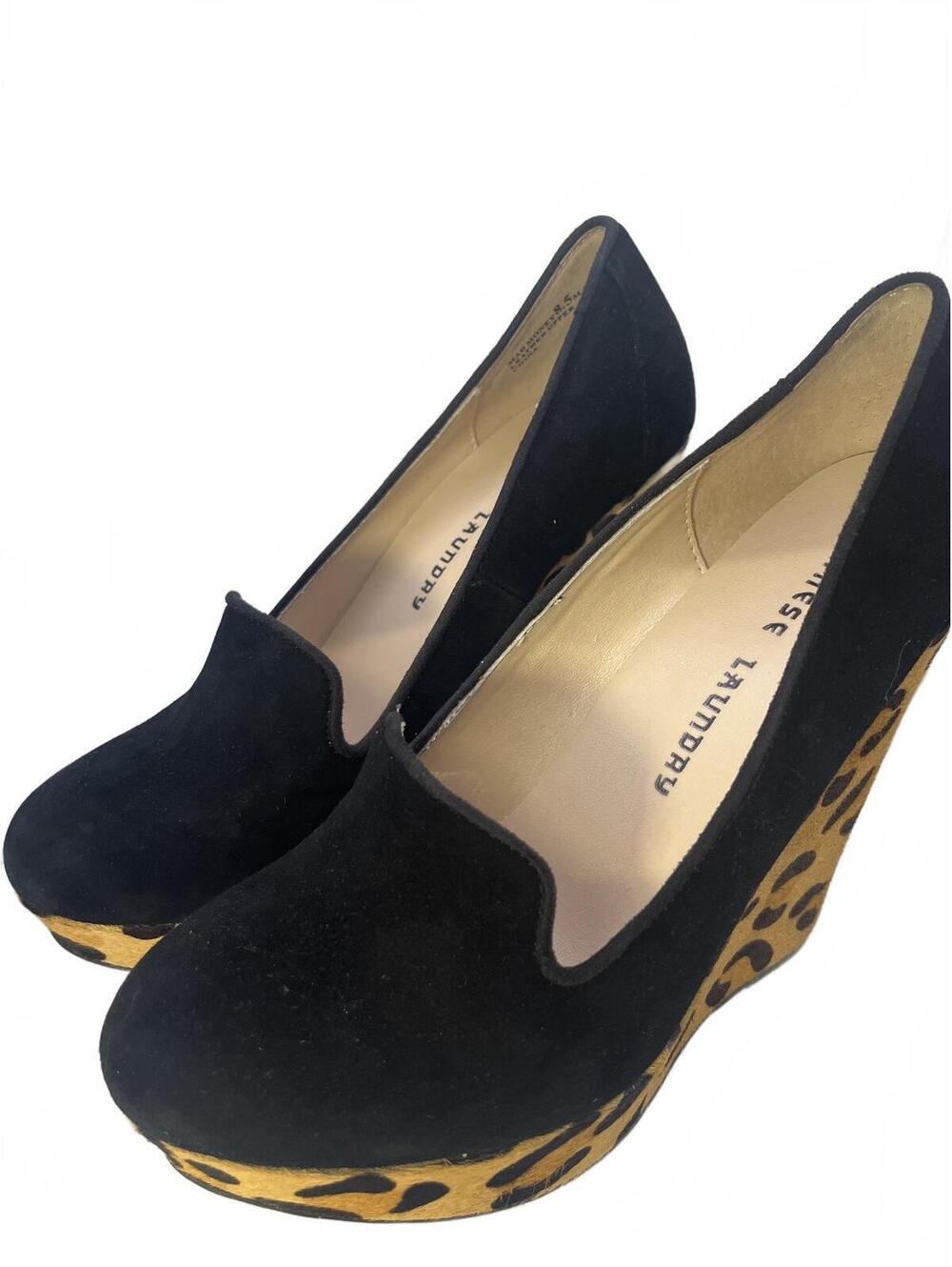 Leopard Black Suede Wedge Platform Heels Print Chinese Laundry Size 8.5 NWOT